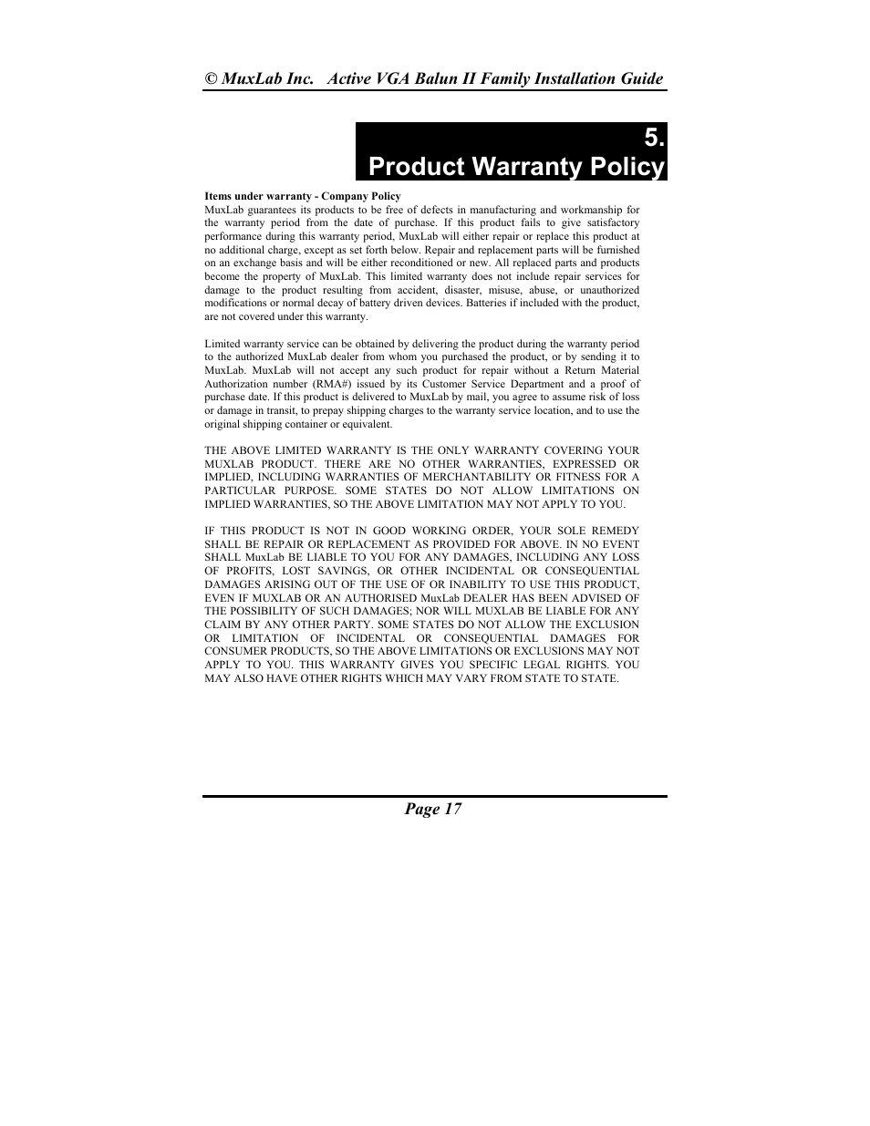 Product warranty policy | Muxlab Active VGA Balun II Kit User Manual | Page 17 / 20