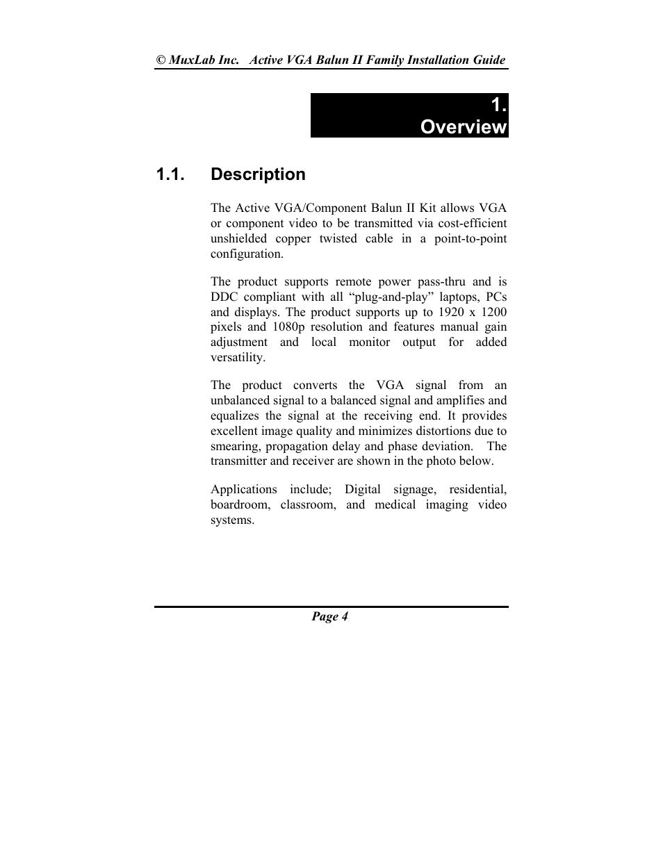 Overview | Muxlab Active VGA Balun II Kit User Manual | Page 4 / 20