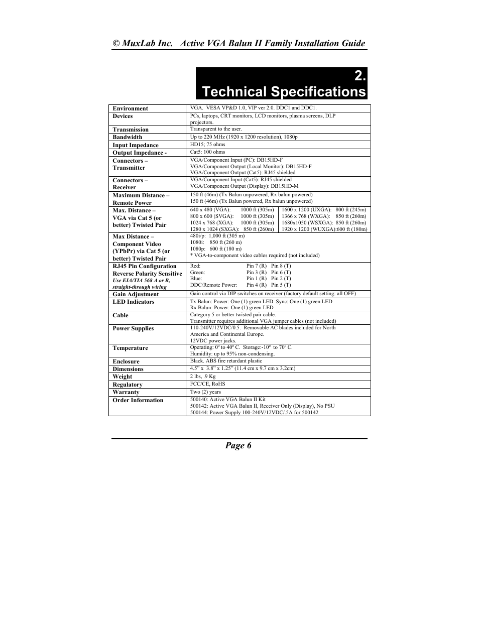 Technical specifications | Muxlab Active VGA Balun II Kit User Manual | Page 6 / 20
