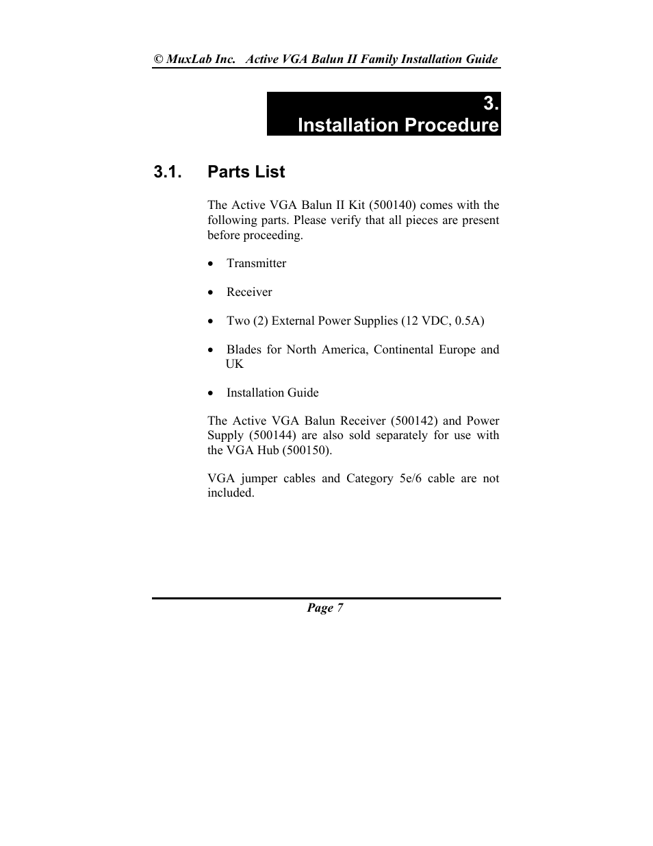 Installation procedure, Parts list | Muxlab Active VGA Balun II Kit User Manual | Page 7 / 20