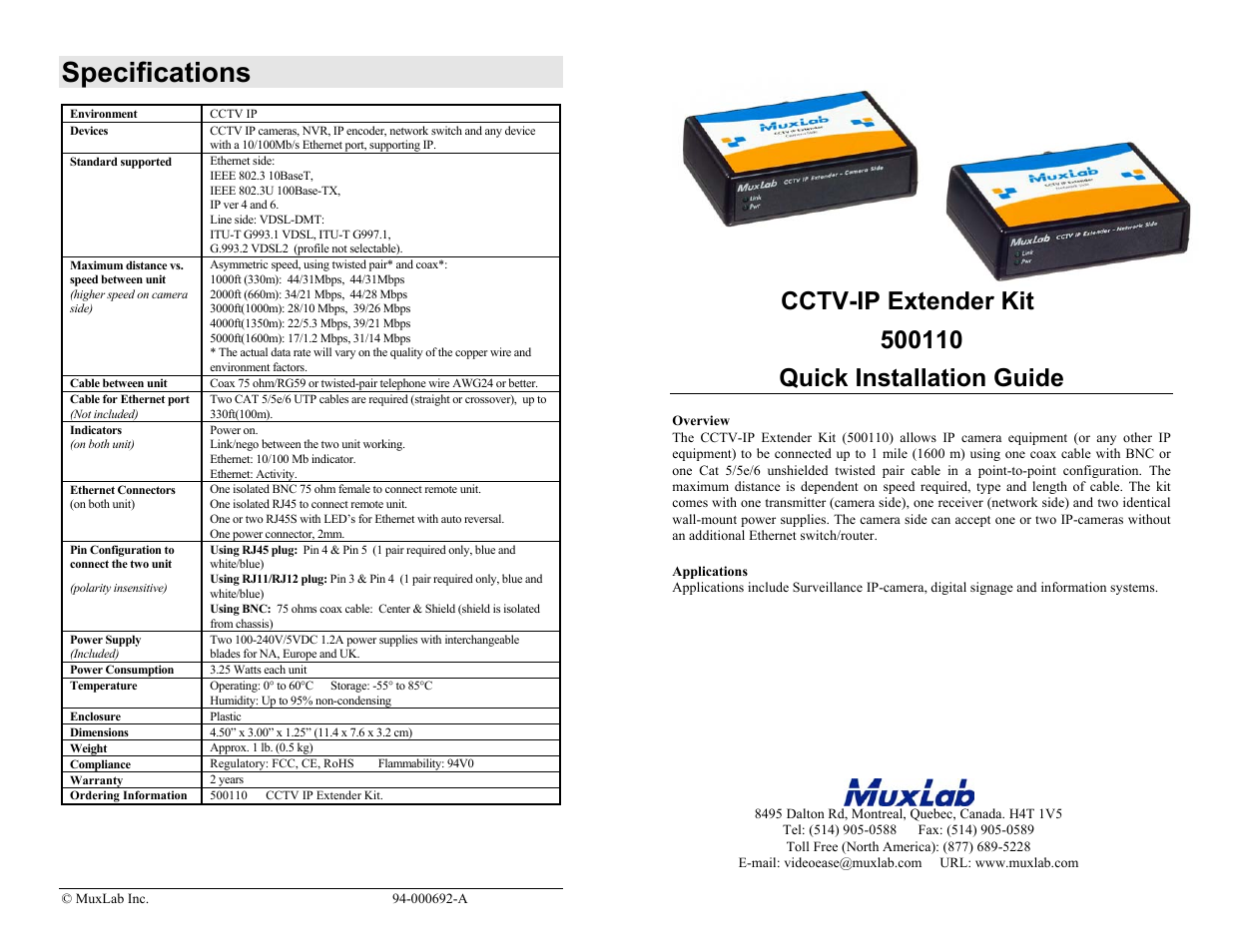 Muxlab CCTV IP Extender Kit User Manual | 2 pages