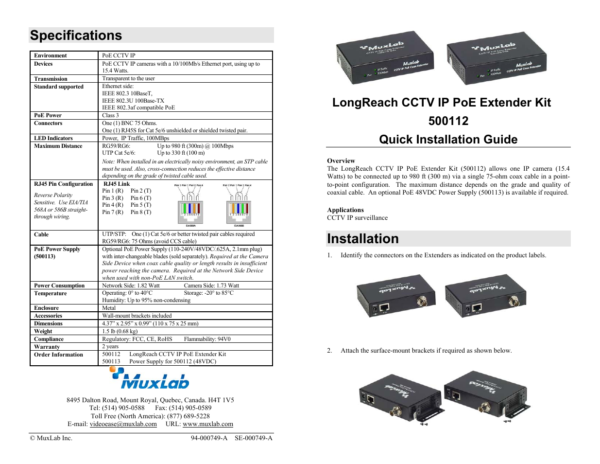 Muxlab LongReach CCTV IP PoE Extender Kit User Manual | 2 pages