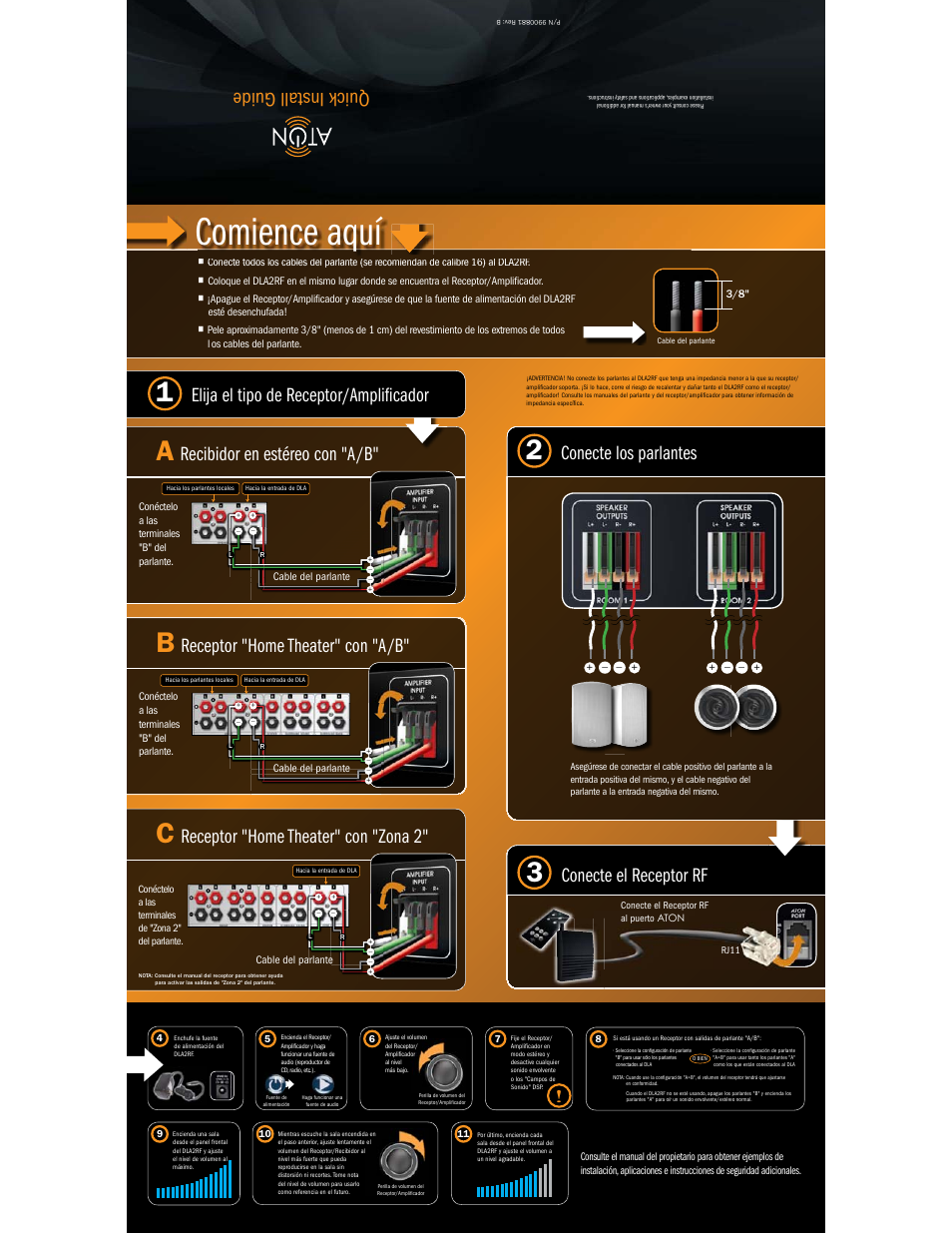 Comience aquí, Conecte el receptor rf, Recibidor en estéreo con "a/b | Elija el tipo de receptor/ampliﬁcador, Receptor "home theater" con "a/b, Receptor "home theater" con "zona 2, Conecte los parlantes, Quick install guide | ATON DLA2RF User Manual | Page 2 / 2