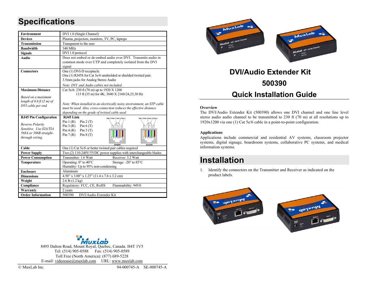 Muxlab DVI/Audio Extender Kit User Manual | 2 pages