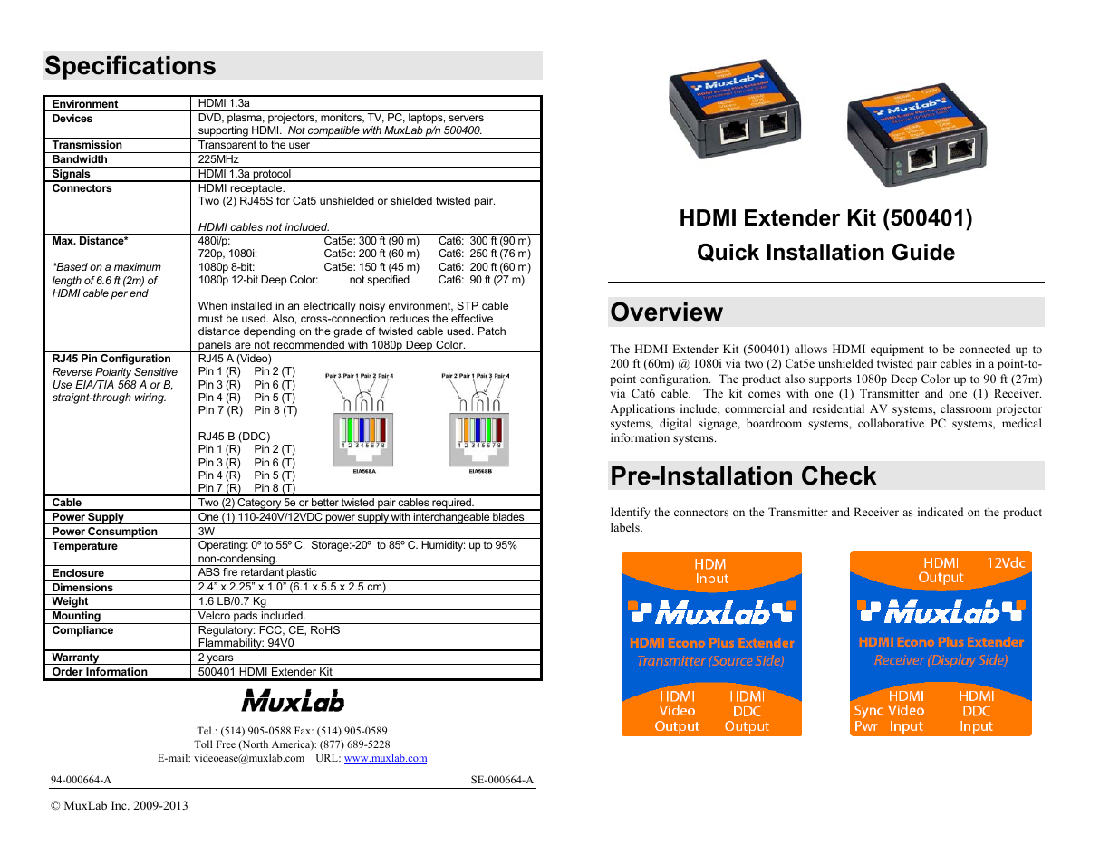 Muxlab HDMI Extender Kit, 110-220V User Manual | 2 pages