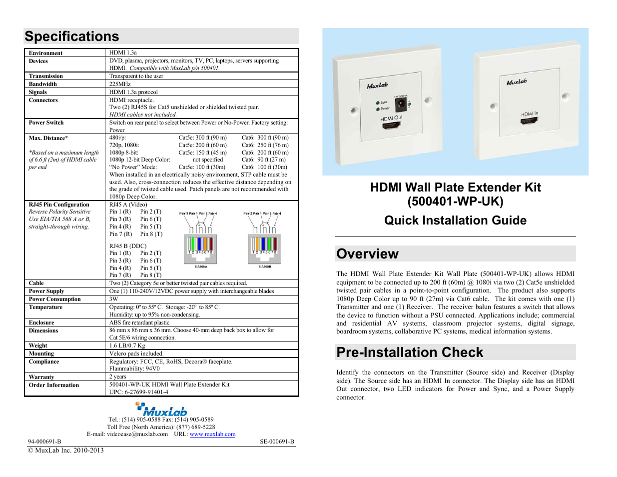 Muxlab HDMI Wall-Plate Extender Kit, UK User Manual | 2 pages