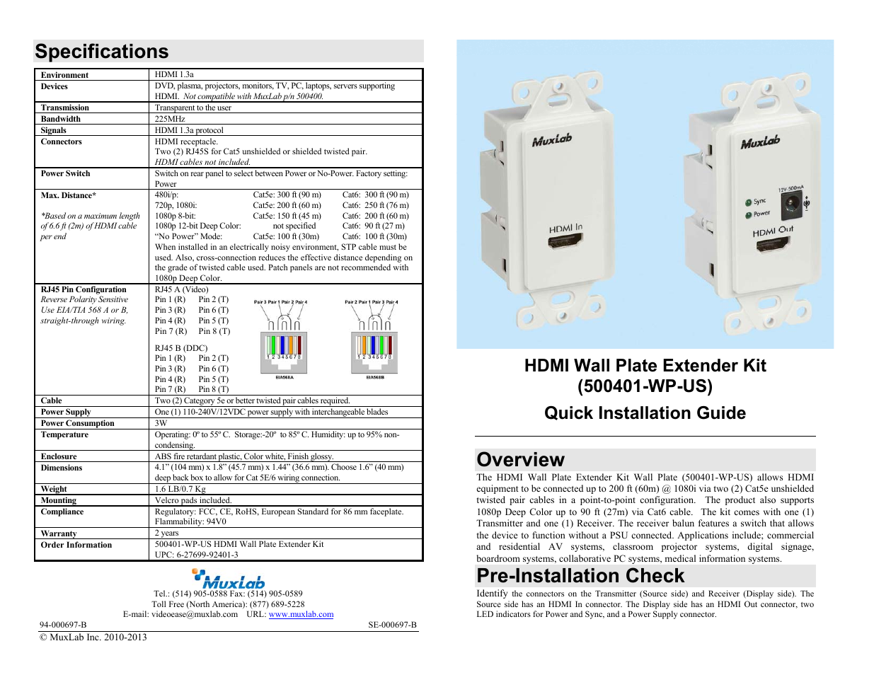 Muxlab HDMI Wall-Plate Extender Kit, US User Manual | 2 pages