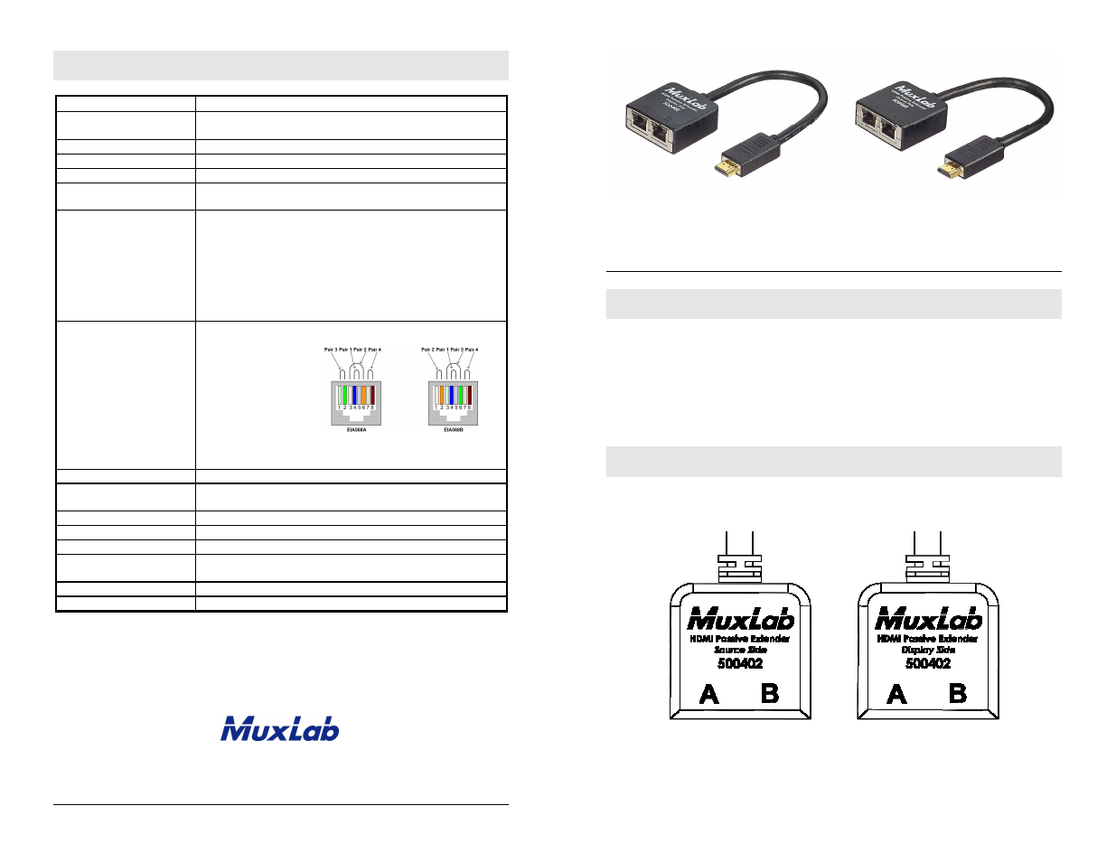Muxlab HDMI Passive Extender Kit User Manual | 2 pages