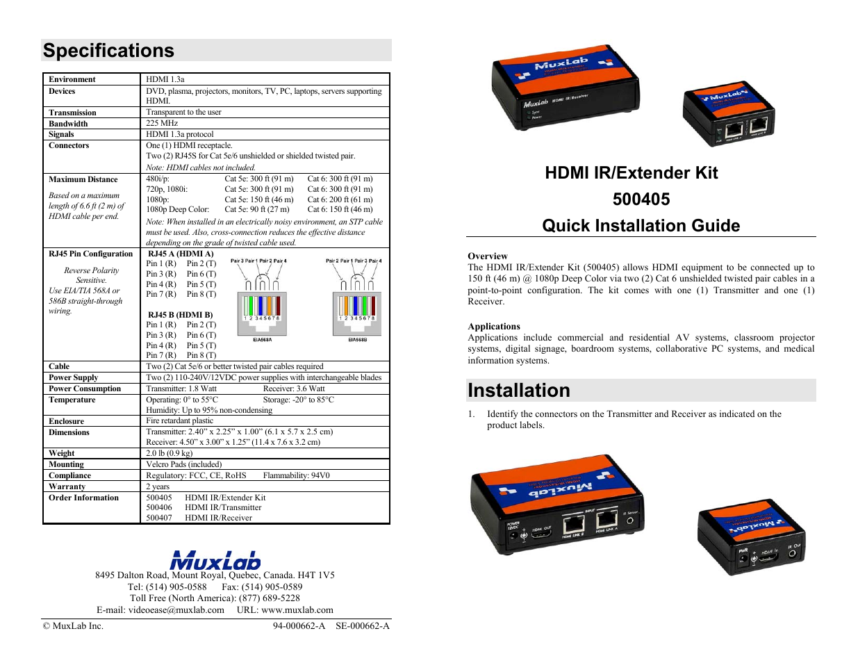 Muxlab HDMI IR/Extender Kit User Manual | 2 pages