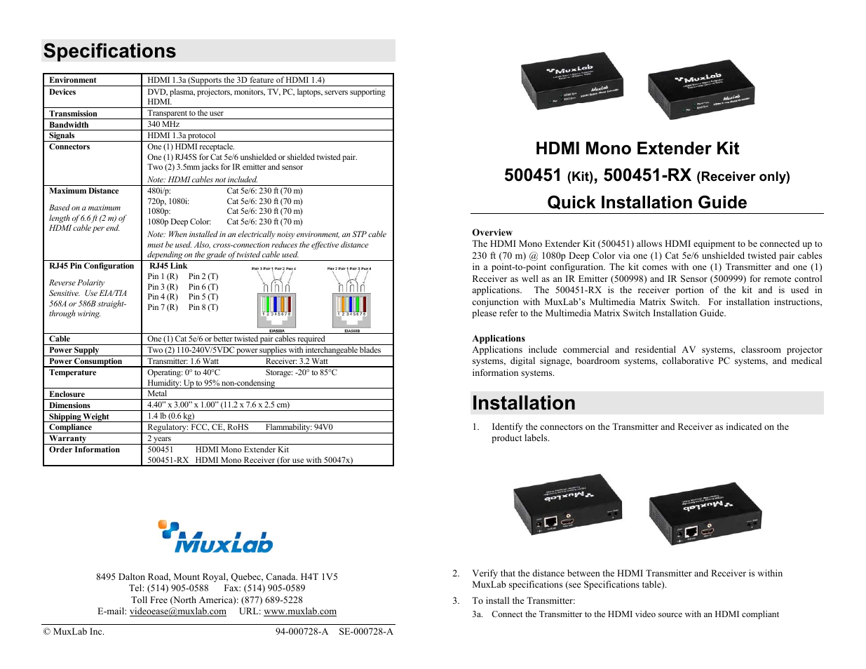 Muxlab HDMI Mono Extender Kit User Manual | 2 pages