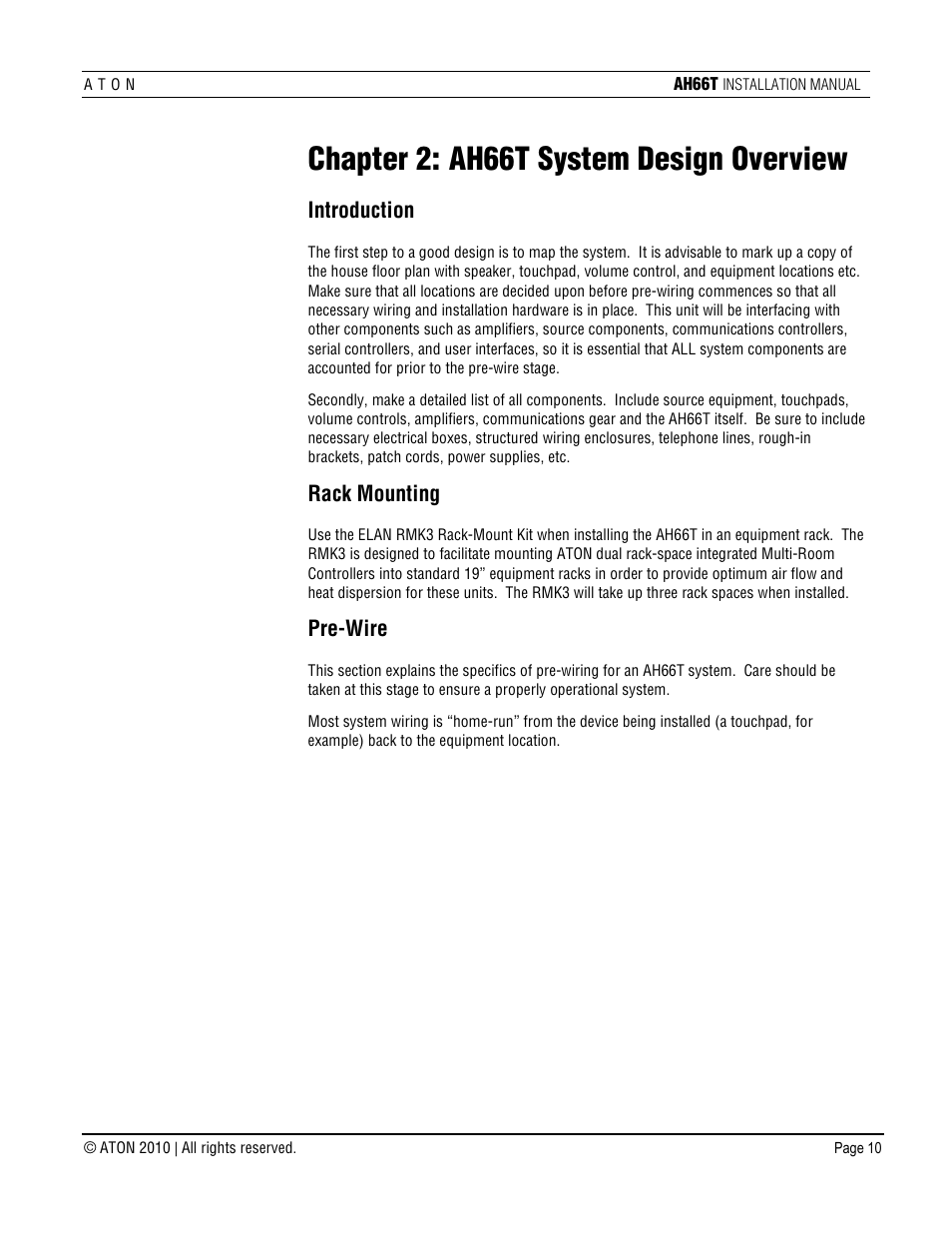 Chapter 2: ah66t system design overview, Introduction, Rack mounting | Pre-wire | ATON AH66T User Manual | Page 11 / 90