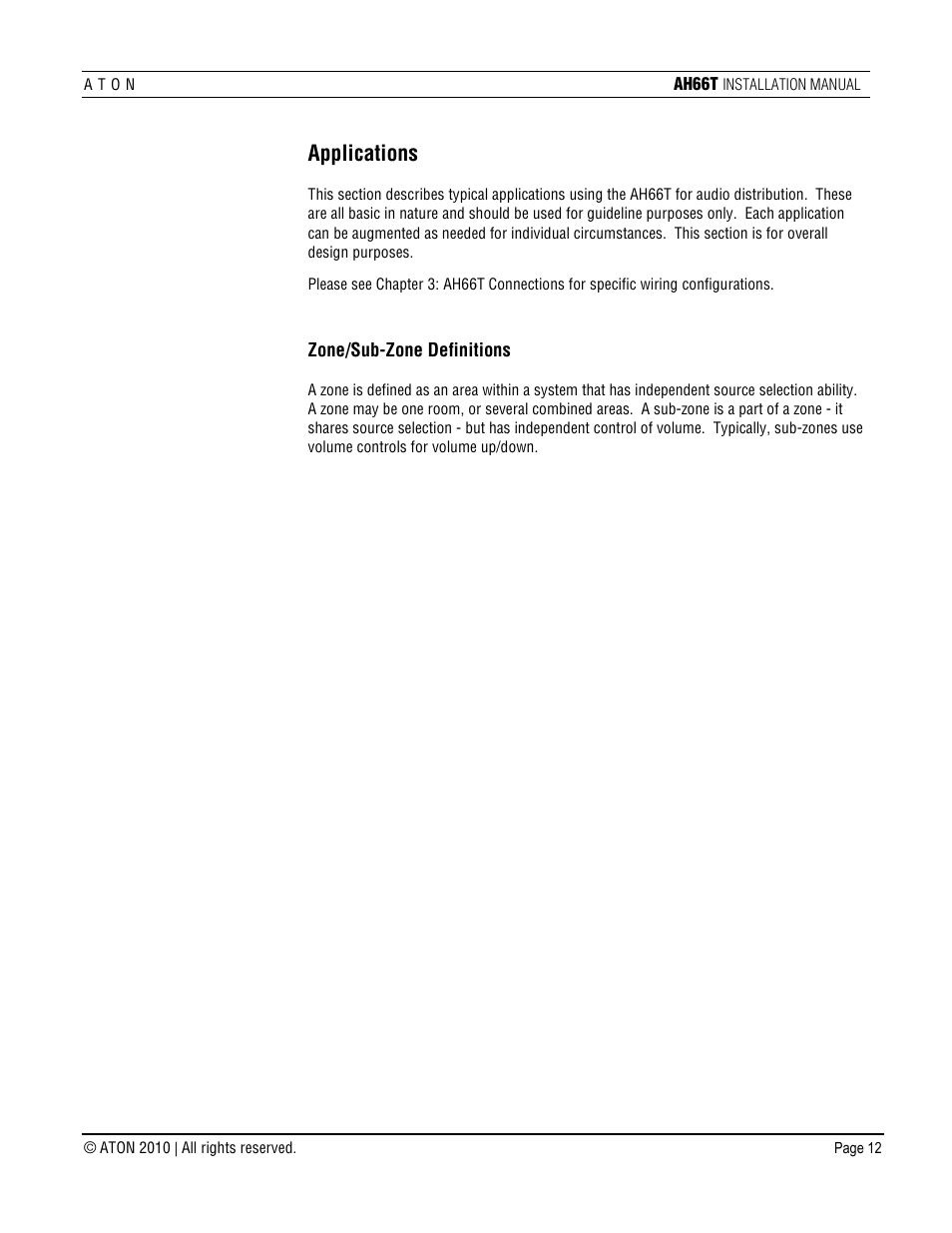 Applications, Zone/sub-zone definitions | ATON AH66T User Manual | Page 13 / 90