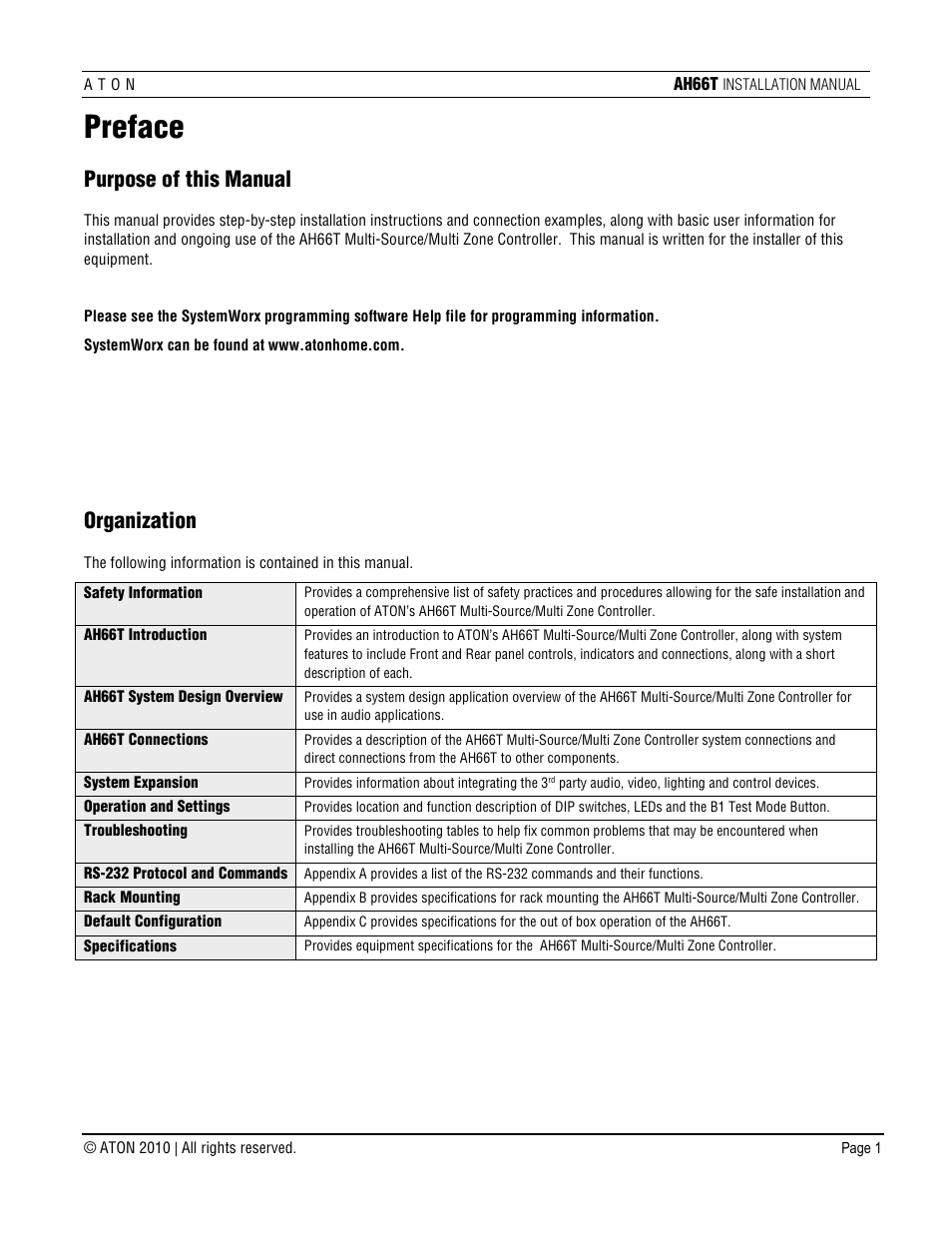 Preface, Purpose of this manual, Organization | ATON AH66T User Manual | Page 2 / 90