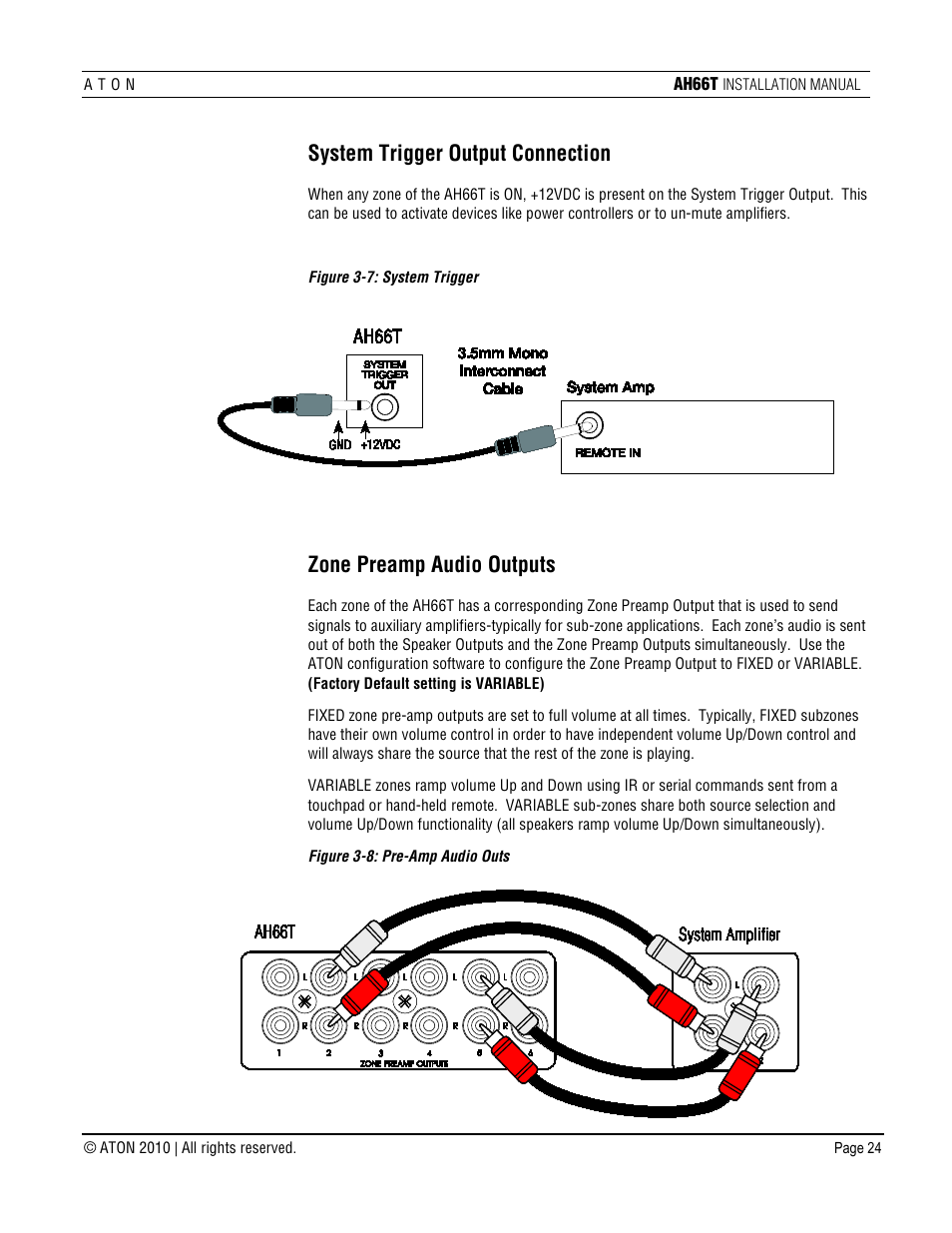 System trigger output connection, Zone preamp audio outputs | ATON AH66T User Manual | Page 25 / 90