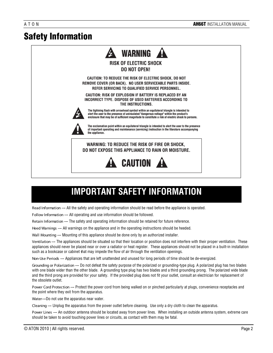 Safety information, Important safety information | ATON AH66T User Manual | Page 3 / 90