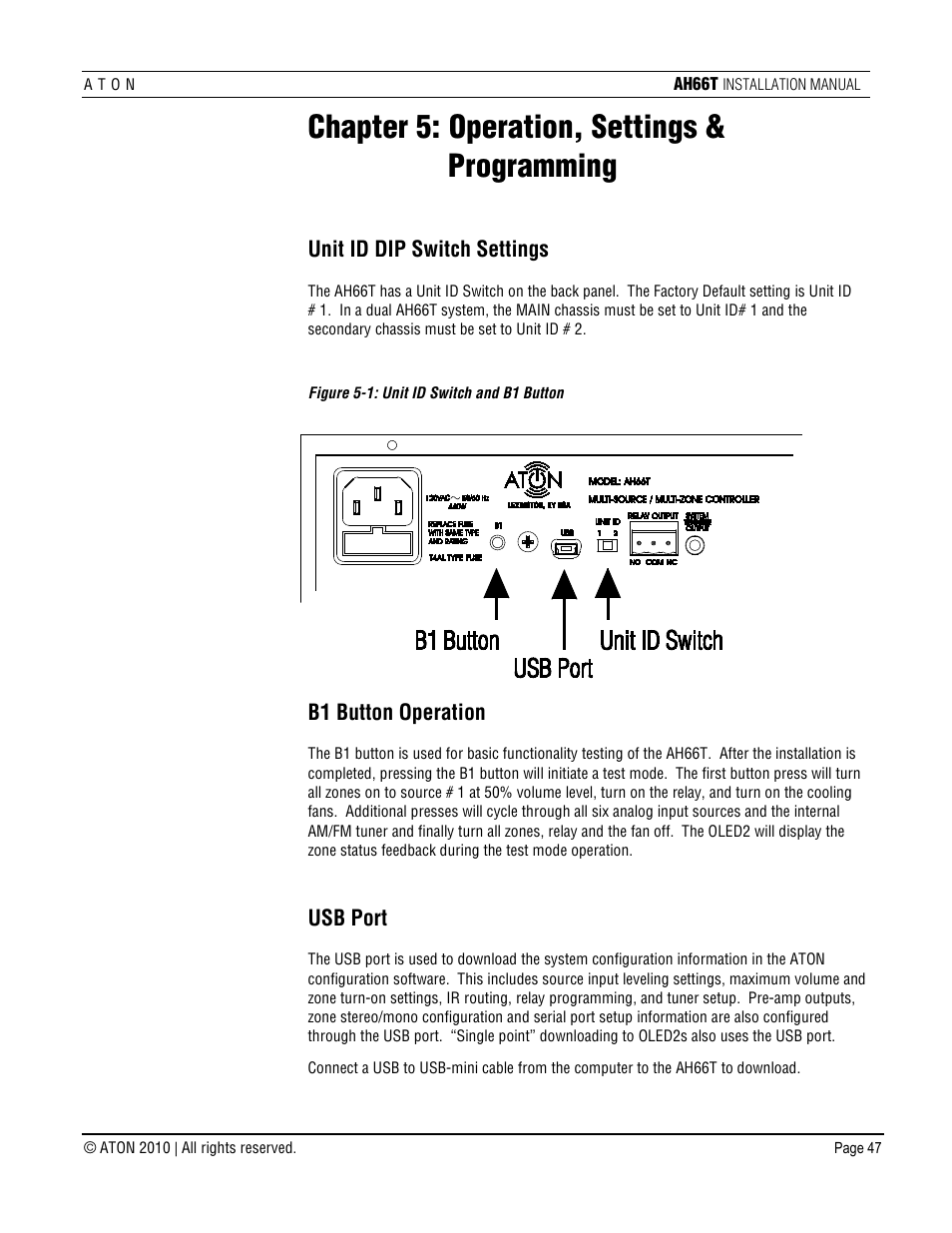 Chapter 5: operation, settings & programming, Unit id dip switch settings, B1 button operation | Usb port | ATON AH66T User Manual | Page 48 / 90