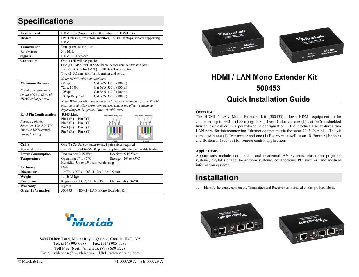 Muxlab HDMI/LAN Mono Extender Kit User Manual | 2 pages