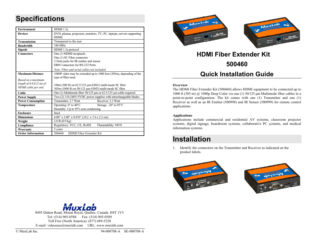 Muxlab HDMI 4K Fiber Extender Kit User Manual | 2 pages