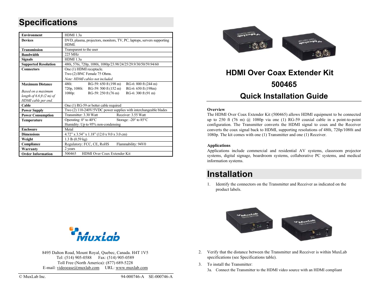 Muxlab HDMI Over Coax Extender Kit User Manual | 2 pages