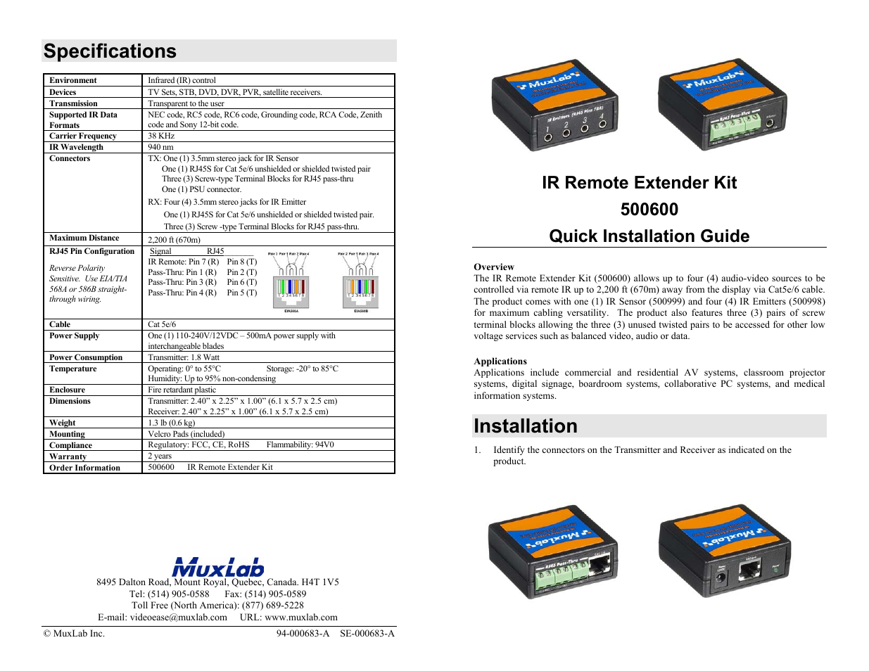 Muxlab IR Remote Extender Kit User Manual | 2 pages