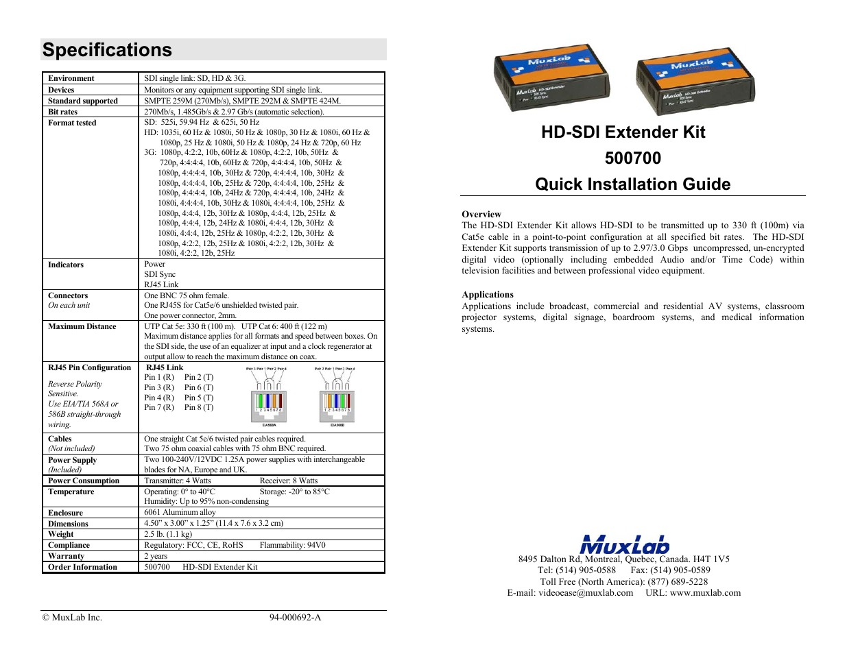 Muxlab LongReach 3G-SDI Extender Kit User Manual | 2 pages