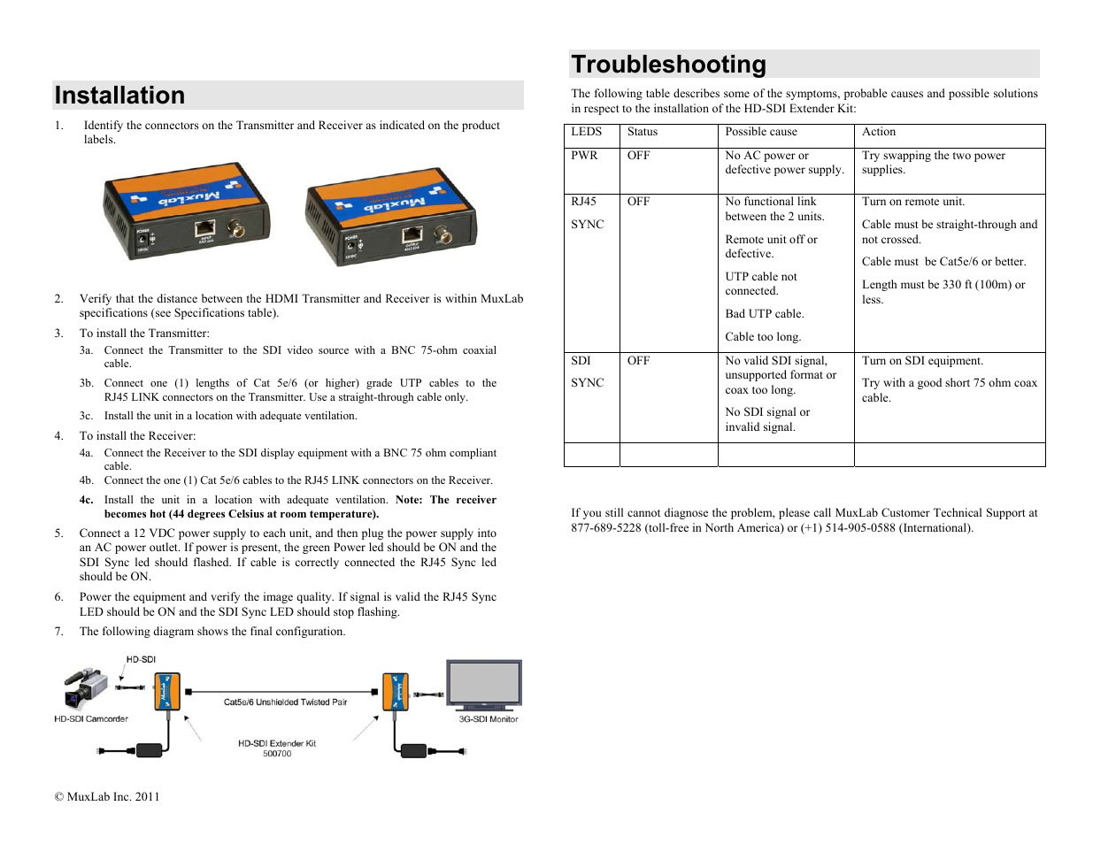 Installation, Troubleshooting | Muxlab LongReach 3G-SDI Extender Kit User Manual | Page 2 / 2