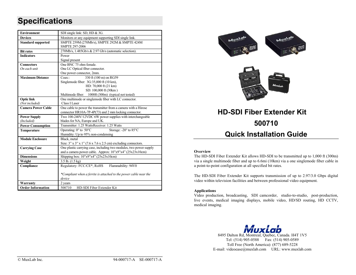 Muxlab 3G-SDI Fiber Extender Kit User Manual | 2 pages
