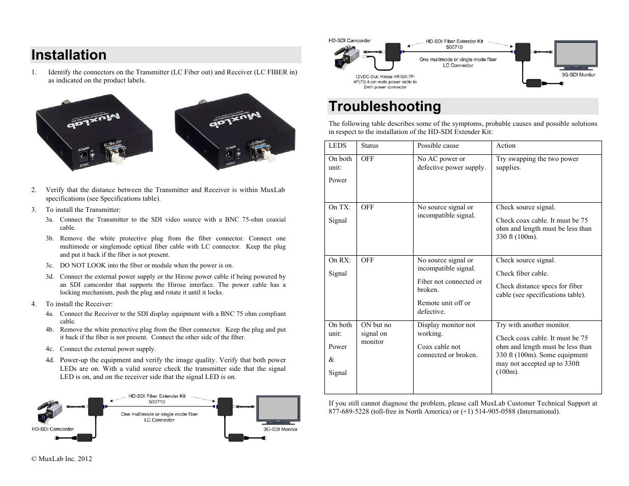 Installation, Troubleshooting | Muxlab 3G-SDI Fiber Extender Kit User Manual | Page 2 / 2