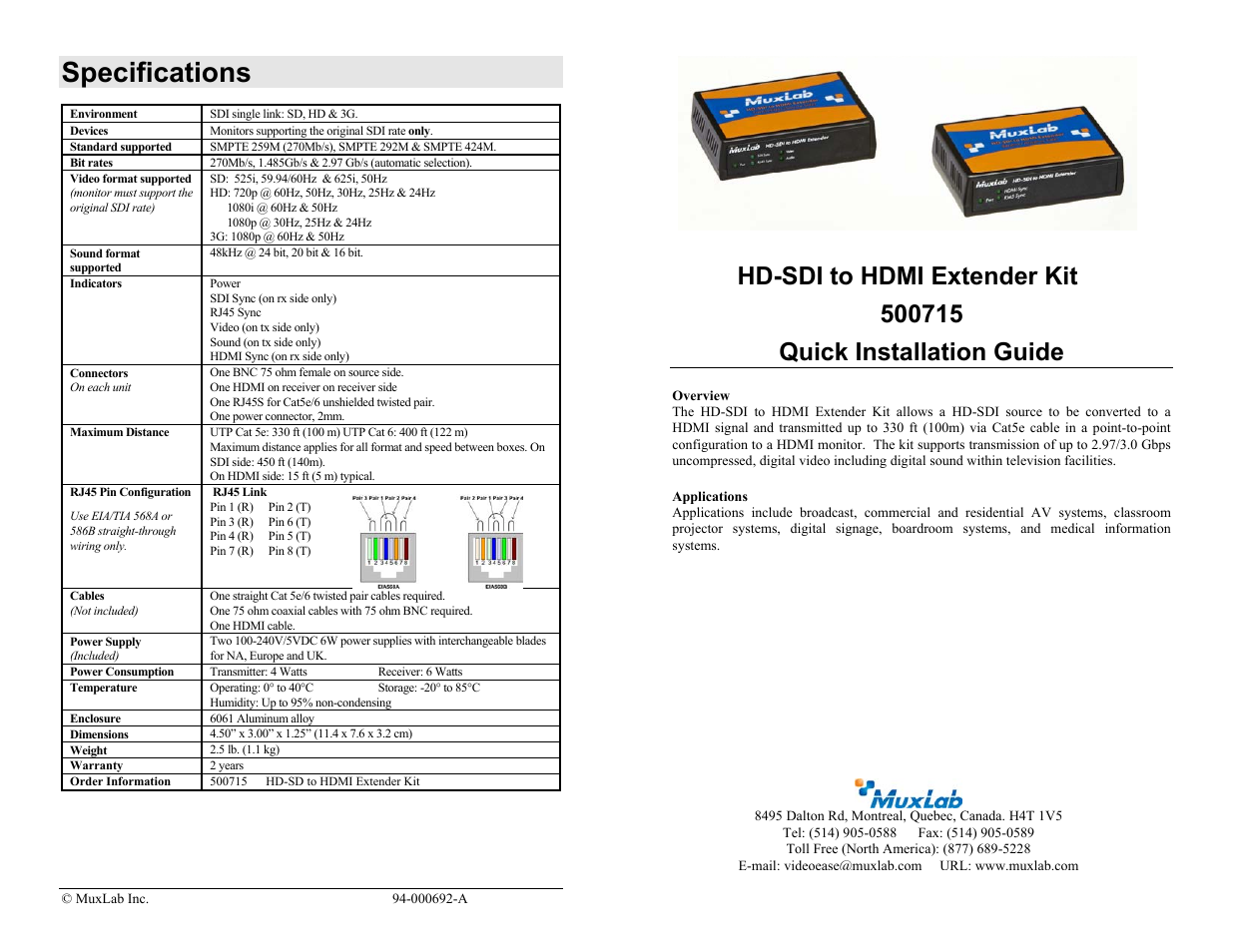 Muxlab LongReach 3G-SDI to HDMI Extender Kit User Manual | 2 pages