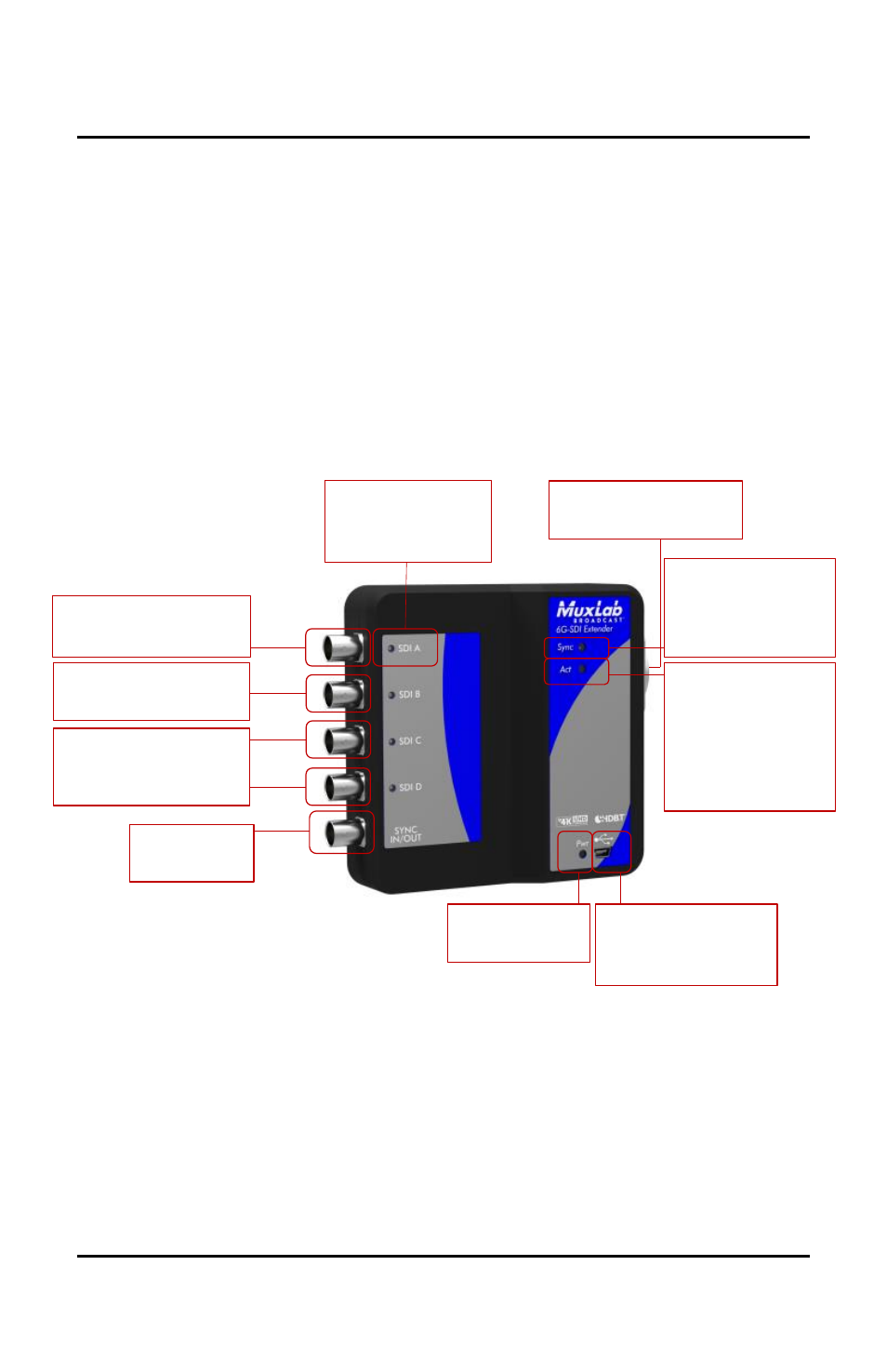 Product overview, Transmitter, Page 10 | Muxlab 6G-SDI Extender Over UTP User Manual | Page 10 / 31