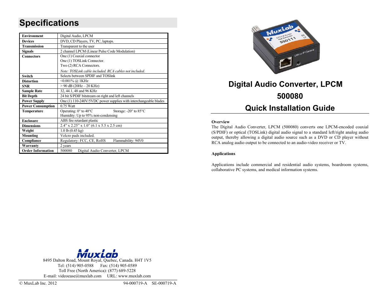 Muxlab Digital Audio Converter, LPCM User Manual | 2 pages