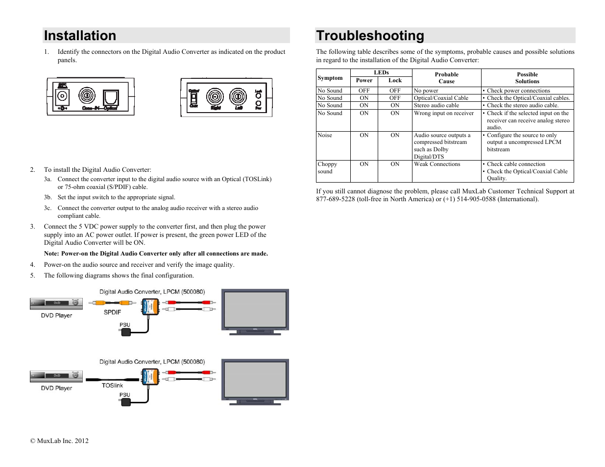 Installation, Troubleshooting | Muxlab Digital Audio Converter, LPCM User Manual | Page 2 / 2