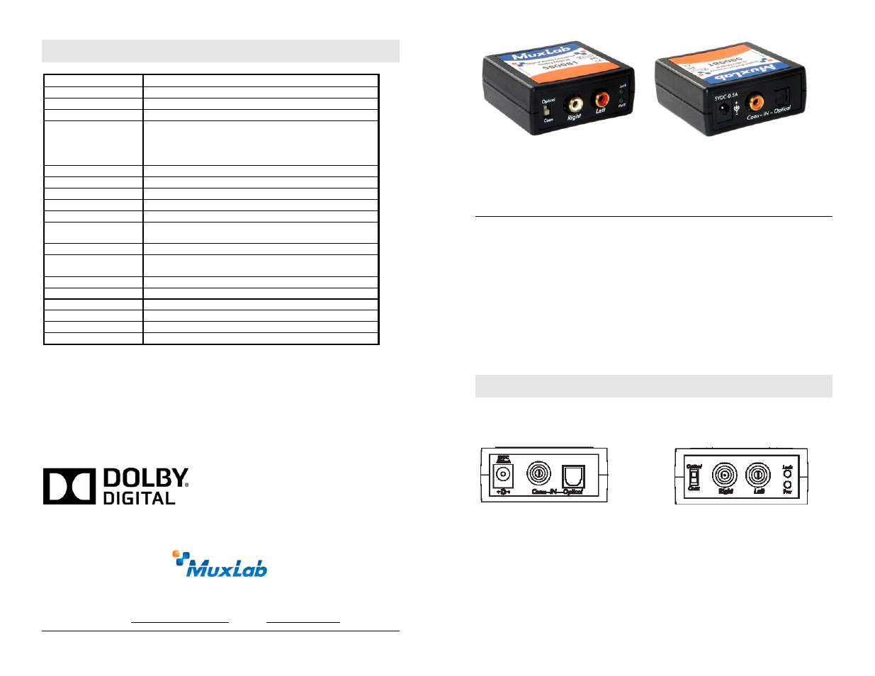 Muxlab Digital Audio Converter, Dolby ® Digital User Manual | 2 pages