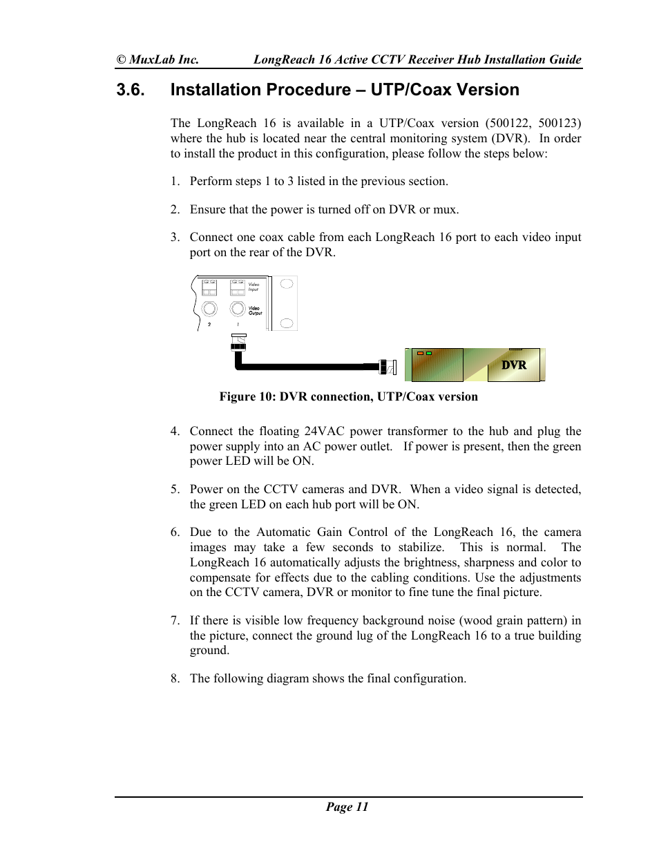 Installation procedure – utp/coax version | Muxlab LongReach 16 Active CCTV Hub User Manual | Page 11 / 16