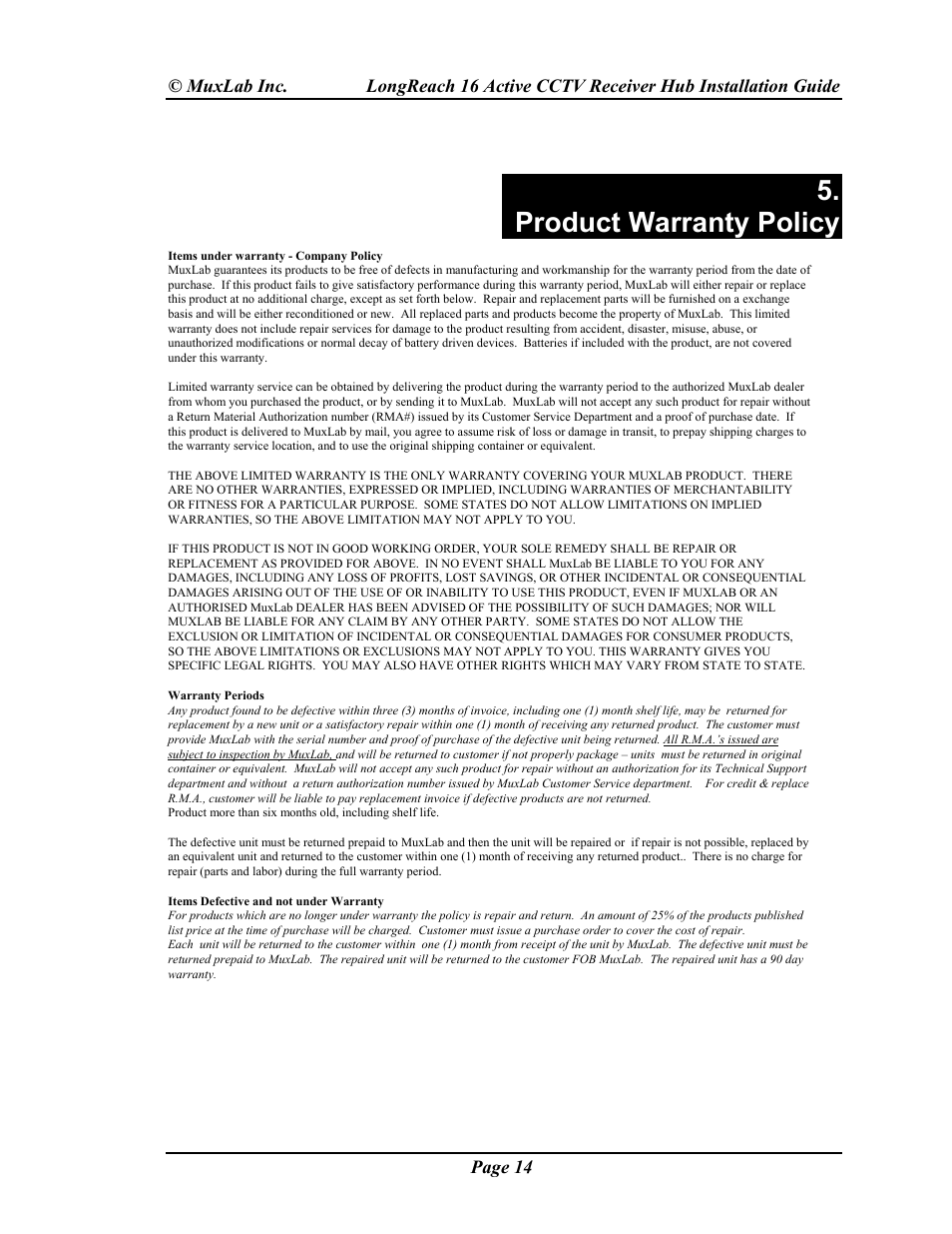 Product warranty policy | Muxlab LongReach 16 Active CCTV Hub User Manual | Page 14 / 16