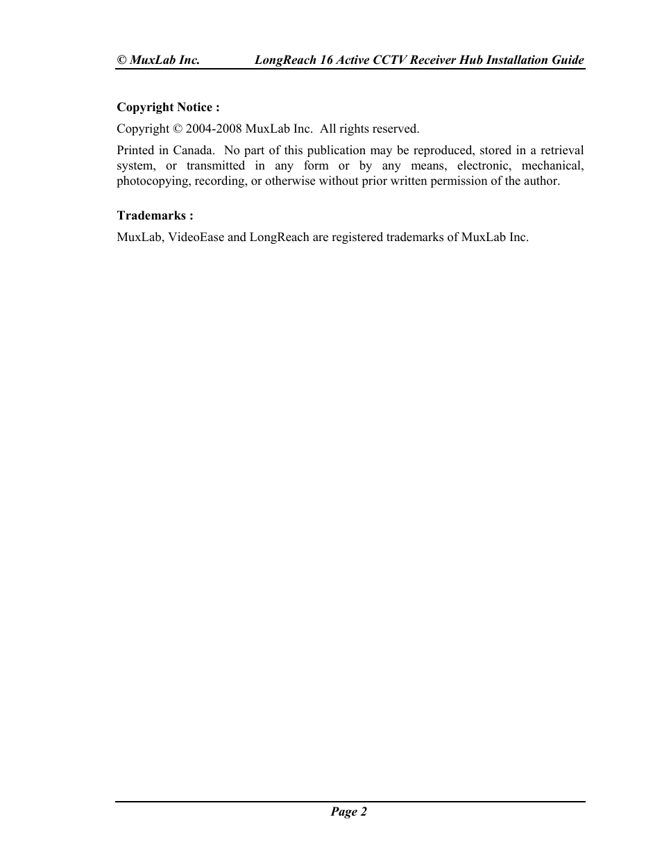 Muxlab LongReach 16 Active CCTV Hub User Manual | Page 2 / 16