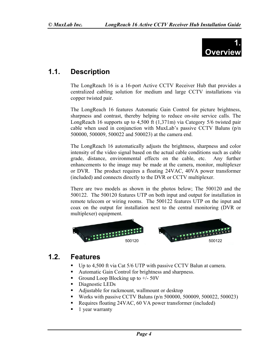 Overview, Description, Features | Muxlab LongReach 16 Active CCTV Hub User Manual | Page 4 / 16