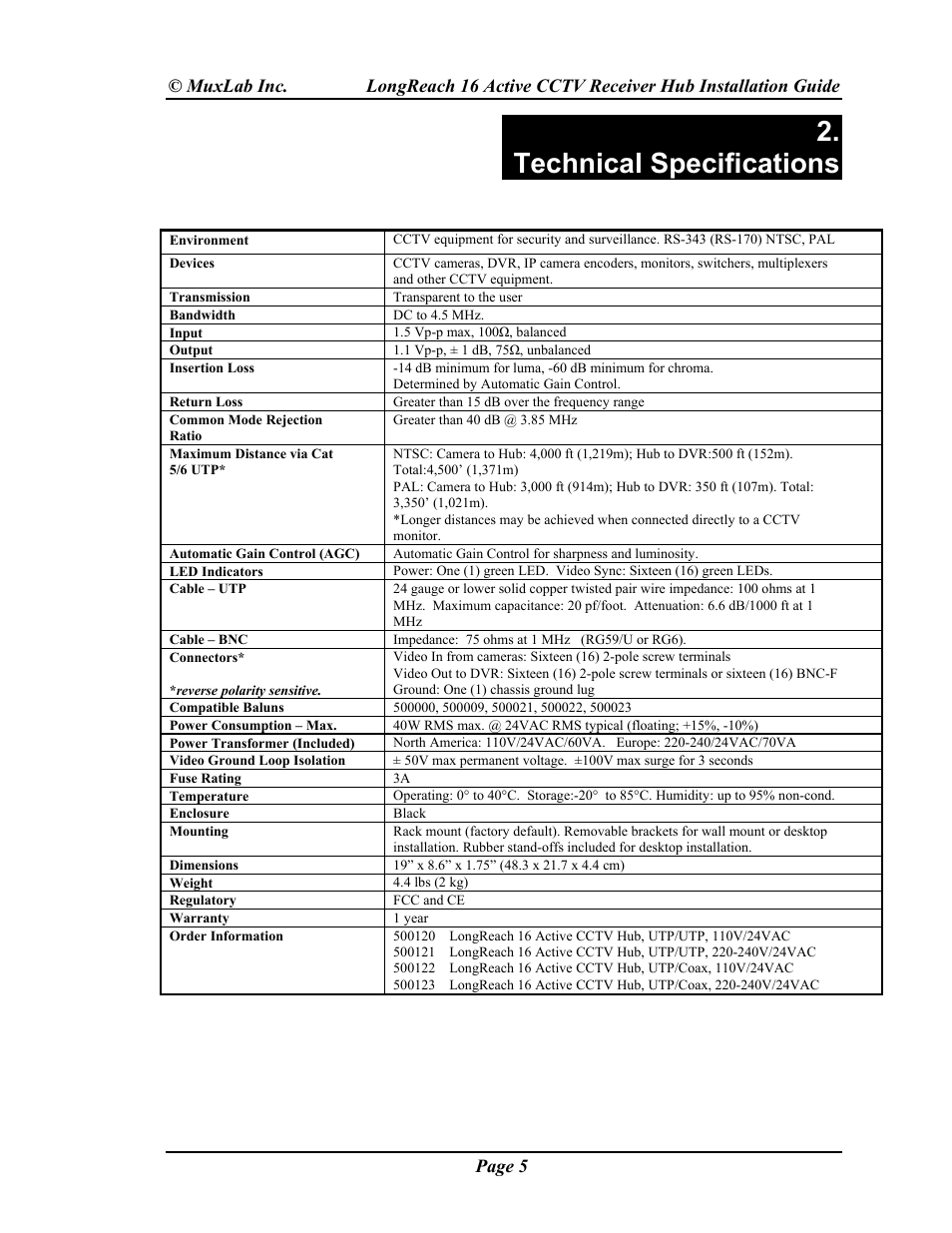 Technical specifications | Muxlab LongReach 16 Active CCTV Hub User Manual | Page 5 / 16