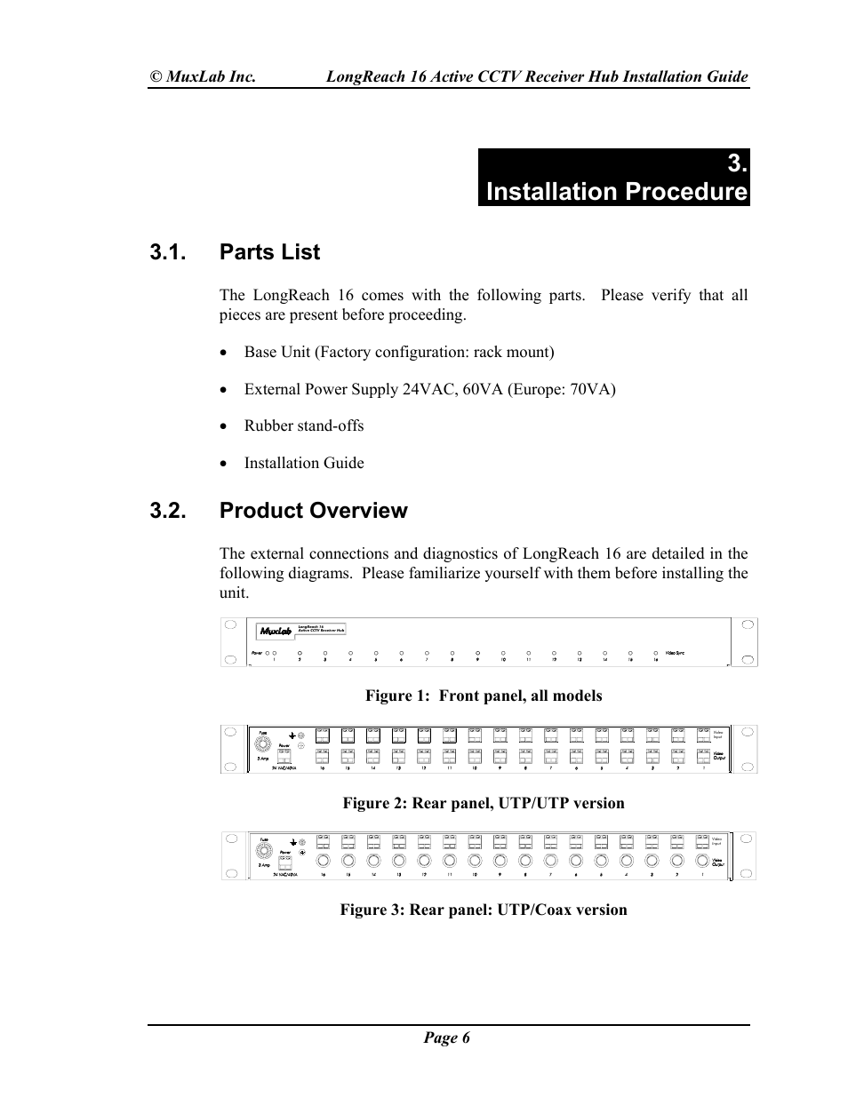 Installation procedure, Parts list, Product overview | Parts, List, Product, Overview | Muxlab LongReach 16 Active CCTV Hub User Manual | Page 6 / 16