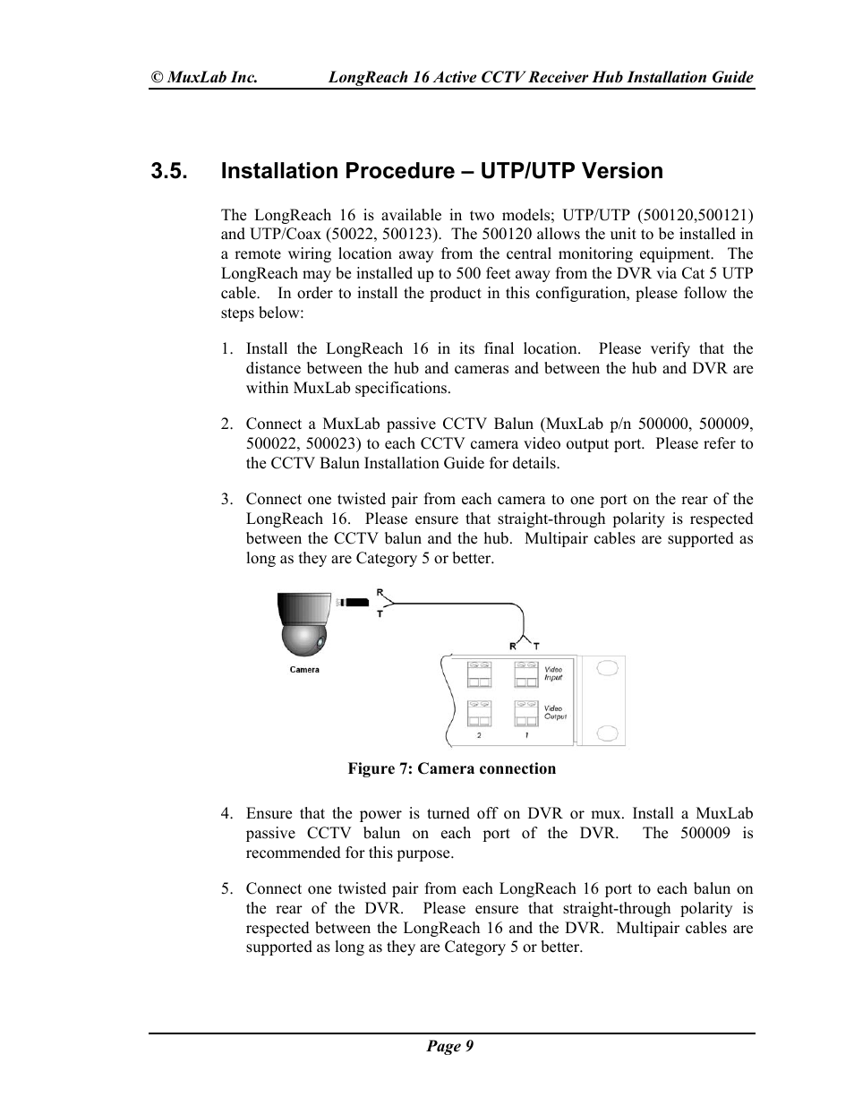 Installation procedure – utp/utp version | Muxlab LongReach 16 Active CCTV Hub User Manual | Page 9 / 16