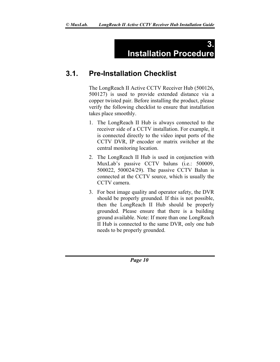 Installation procedure, Pre-installation checklist | Muxlab LongReach II Active CCTV Receiver Hub User Manual | Page 10 / 20