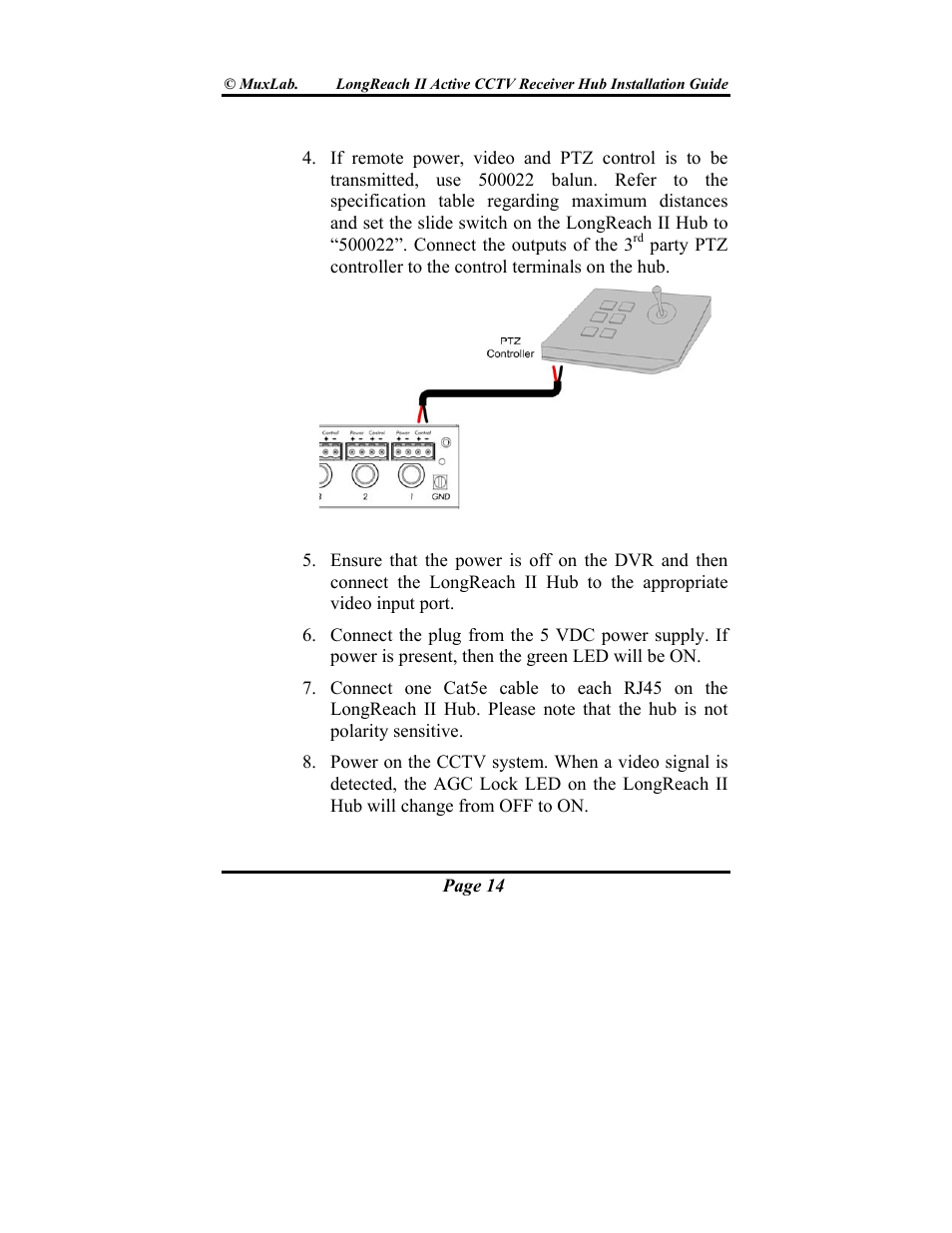 Muxlab LongReach II Active CCTV Receiver Hub User Manual | Page 14 / 20