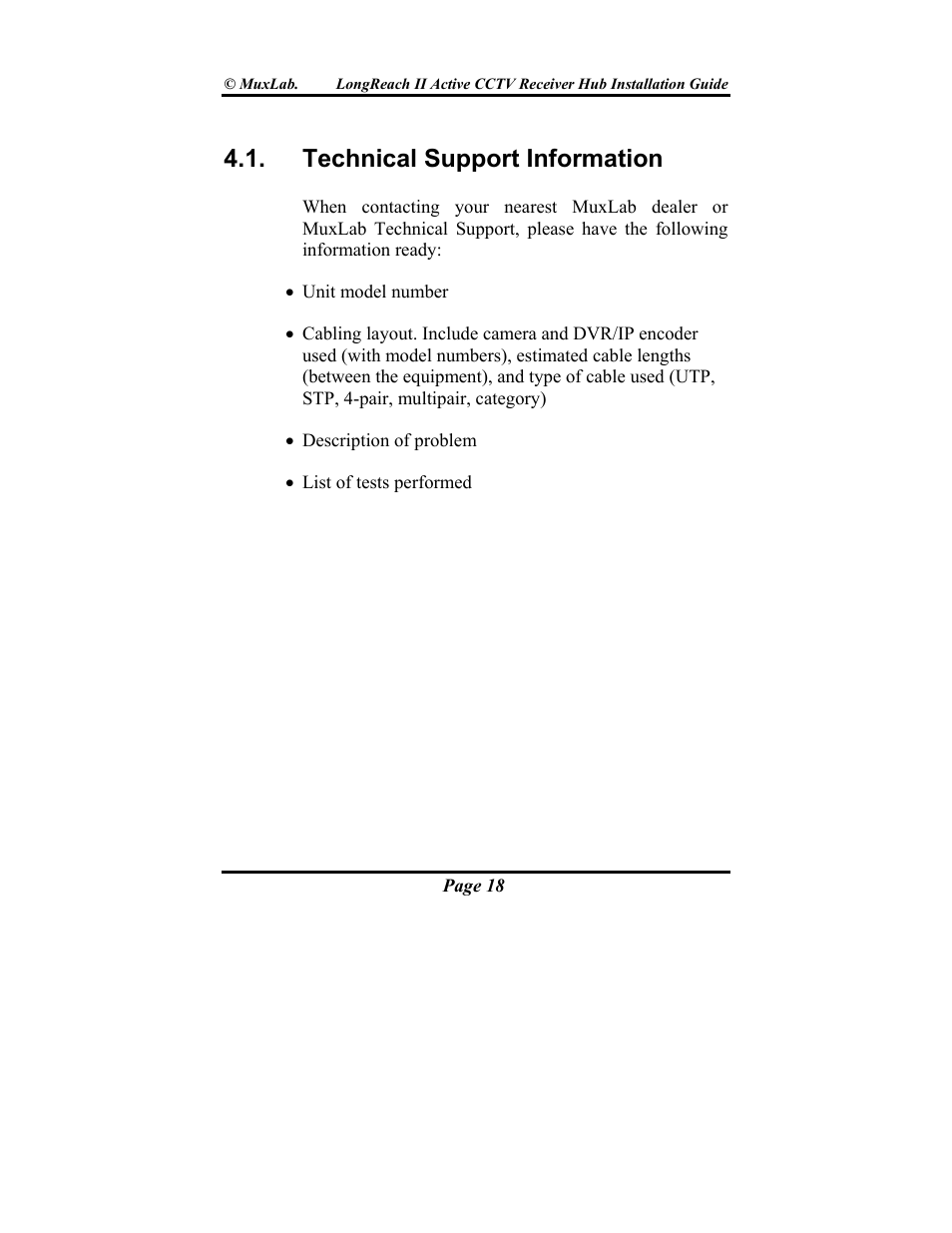 Technical support information | Muxlab LongReach II Active CCTV Receiver Hub User Manual | Page 18 / 20