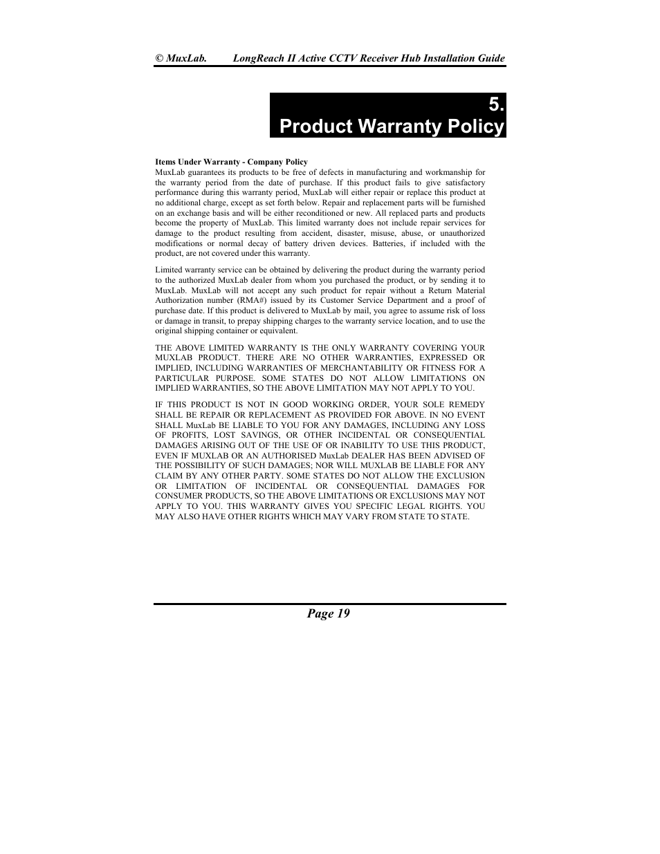 Product warranty policy | Muxlab LongReach II Active CCTV Receiver Hub User Manual | Page 19 / 20