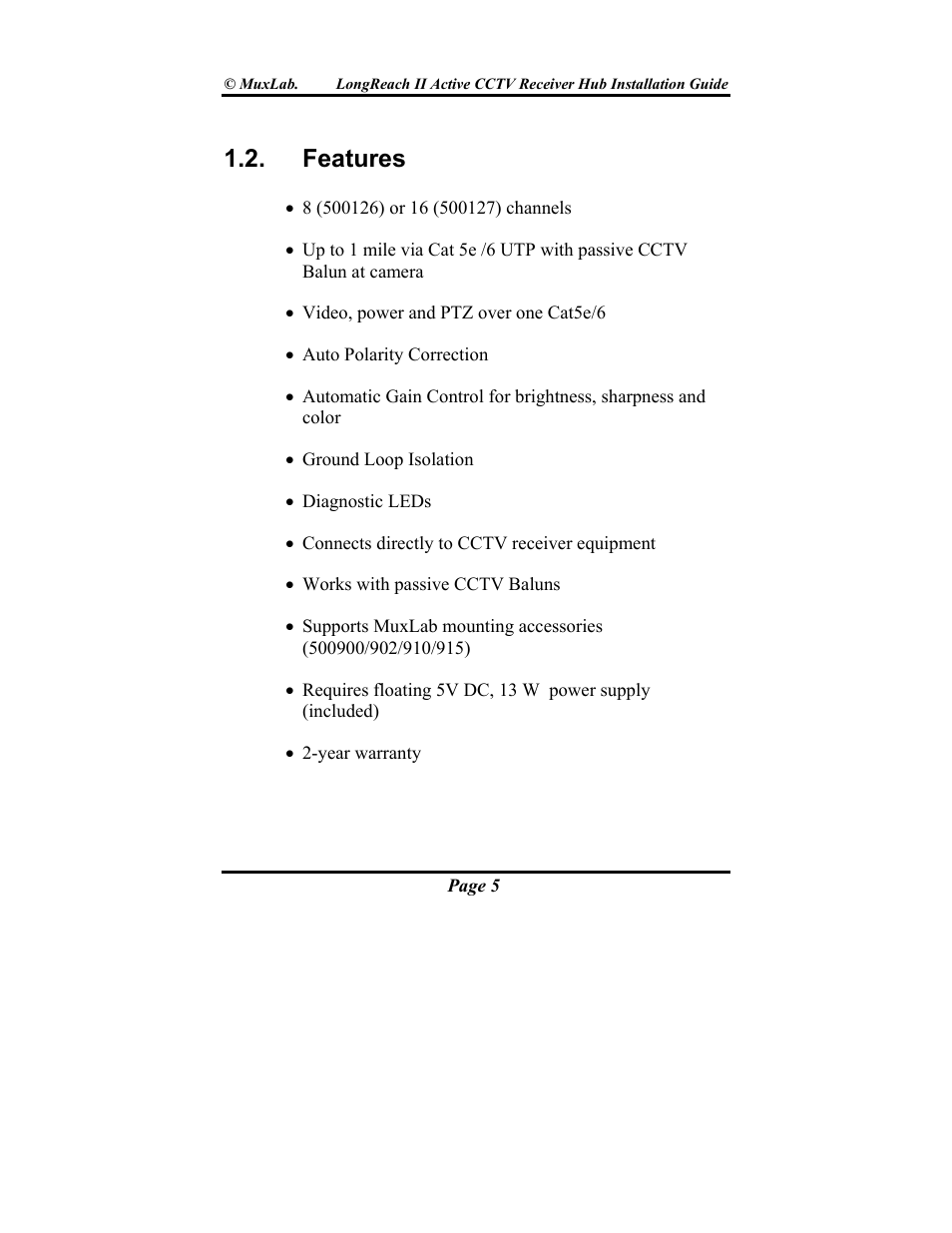 Features | Muxlab LongReach II Active CCTV Receiver Hub User Manual | Page 5 / 20