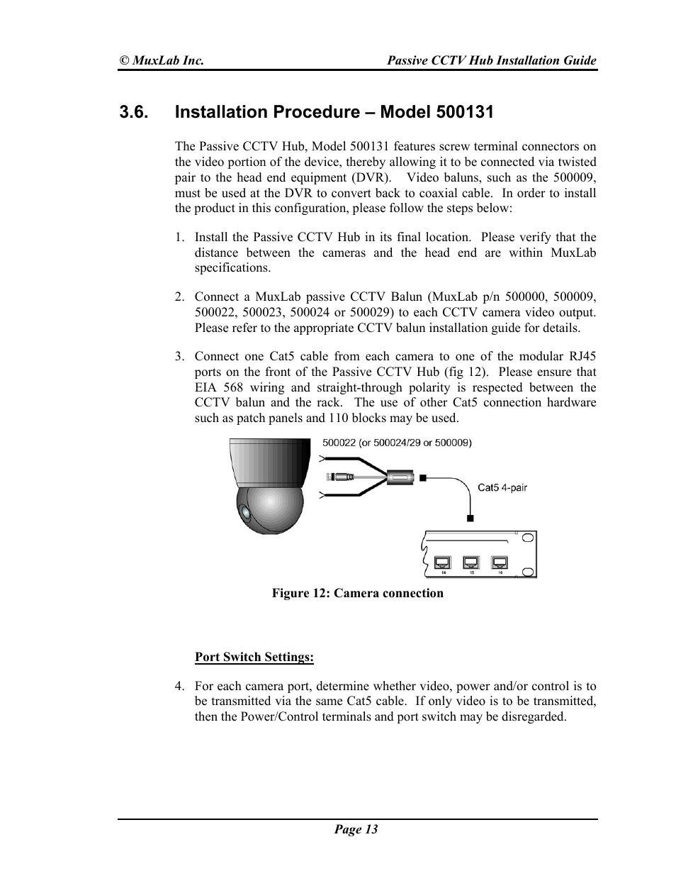 Installation procedure – model 500131 | Muxlab Passive CCTV Hub User Manual | Page 13 / 22