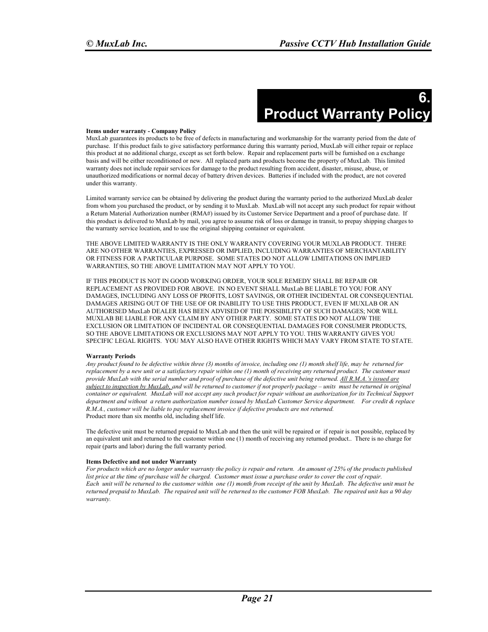 Product warranty policy | Muxlab Passive CCTV Hub User Manual | Page 21 / 22