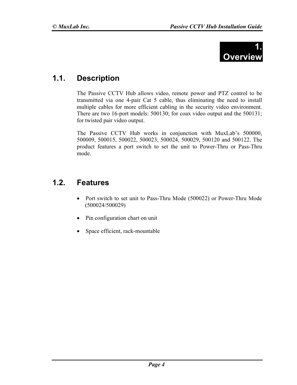 Overview, Description, Features | Muxlab Passive CCTV Hub User Manual | Page 4 / 22