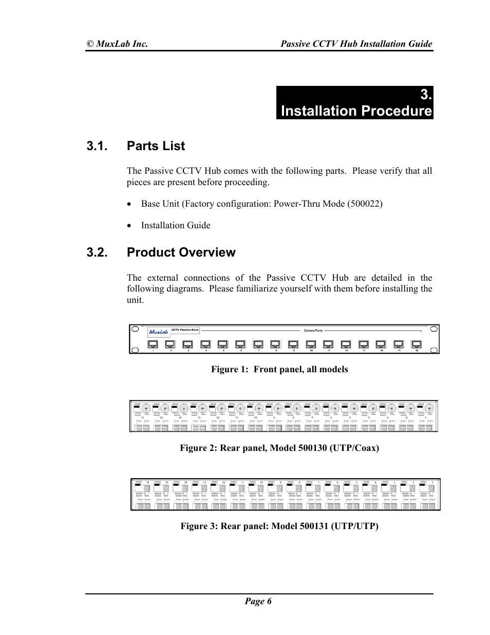 Installation procedure, Parts list, Product overview | Muxlab Passive CCTV Hub User Manual | Page 6 / 22