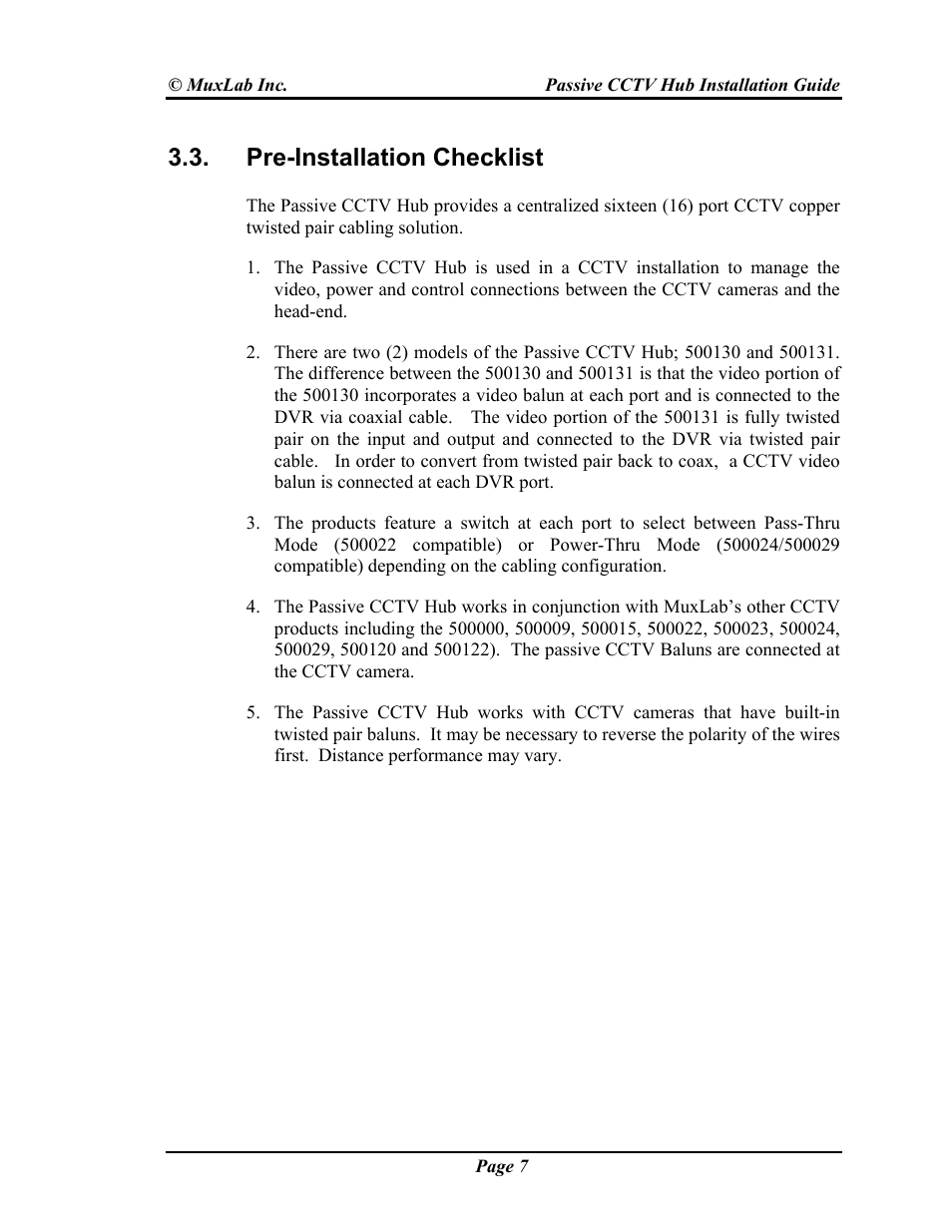 Pre-installation checklist | Muxlab Passive CCTV Hub User Manual | Page 7 / 22